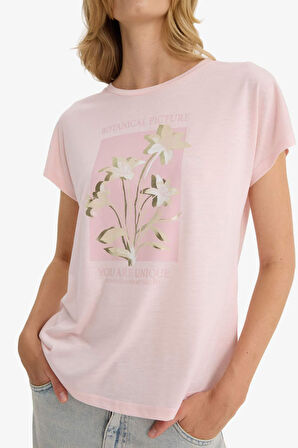 Bisiklet Yaka Çiçekli Kısa Kollu Tişört