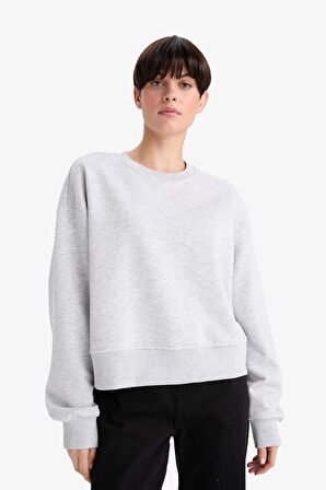 Boxy Fit Bisiklet Yaka Basic Düz Sweatshirt