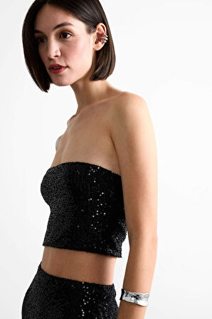 Crop Payetli Siyah Straplez Bluz