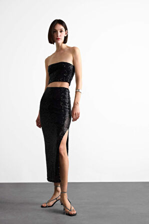 Crop Payetli Siyah Straplez Bluz