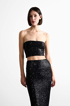 Crop Payetli Siyah Straplez Bluz