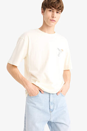 %100 Pamuk Looney Tunes Boxy Fit Rahat Kesim Bisiklet Yaka Sırt Baskılı Kısa Kollu Tişört