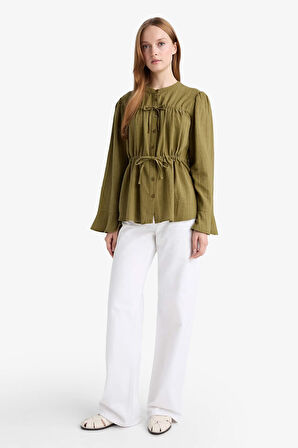 Regular Fit Bisiklet Yaka Flamlı Pamuk Uzun Kollu Tunik