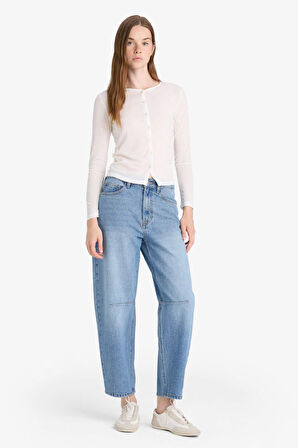 Barrel Fit Normal Bel Düz Paça Bilek Boy Jean Kar Yıkamalı Pantolon