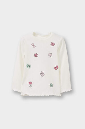 Kız Bebek Bisiklet Yaka Desenli Uzun Kollu Tişört