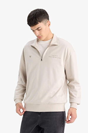 Vikings Valhalla Boxy Fit Dik Yaka Fermuarlı Sırt Baskılı Sweatshirt