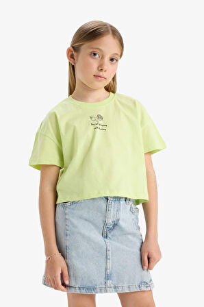 DeFacto Kız Çocuk Bisiklet Yaka Sırt Baskılı Kısa Kollu Tişört E6743A825HSGN404