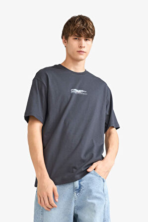 Boxy Fit Bisiklet Yaka Baskılı Kısa Kollu Tişört