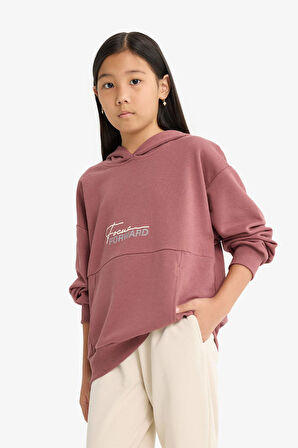 Kız Çocuk Oversize Geniş Kalıp Kapüşonlu Sırt Baskılı Sweatshirt