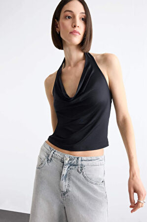 V Yaka Boyundan Bağlamalı Siyah Bluz