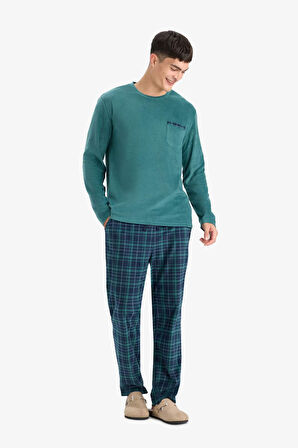 Pijama Takımı Polar Uzun Kollu Üst Kareli Uzun Alt