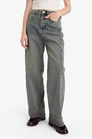 Barrel Fit Yüksek Bel Uzun Jean Yıkamalı Pantolon