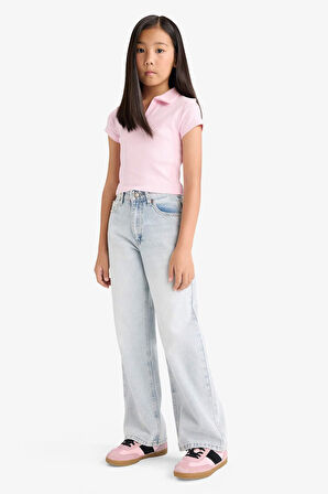 Kız Çocuk Slim Fit Dar Kesim Polo Yaka Fitilli Kaşkorse Kısa Kollu Tişört