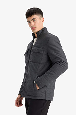 Slim Fit Dar Kesim Dik Yaka Astarlı Fermuarlı Cepli Kışlık Şişme Penye Mont