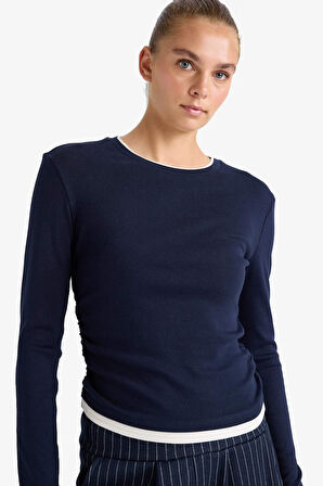 Slim Fit Dar Kesim Bisiklet Yaka Ribana Uzun Kollu Tişört