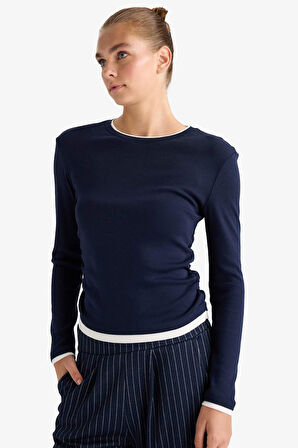 Slim Fit Dar Kesim Bisiklet Yaka Ribana Uzun Kollu Tişört