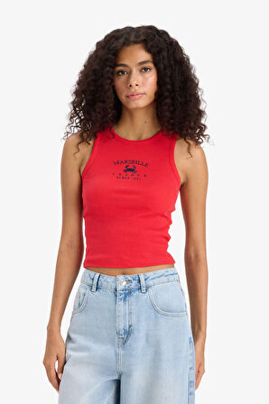 Slim Fit Dar Kesim Baskılı Halter Yaka Fitilli Kaşkorse Atlet