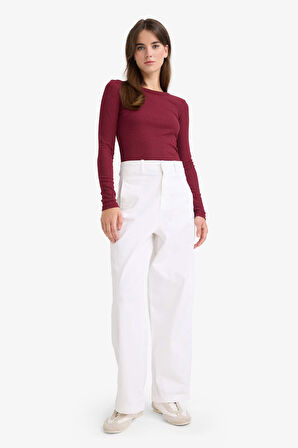 Slim Fit Dar Kesim Basic Düz Fitilli Kaşkorse Uzun Kollu Tişört