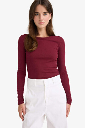 Slim Fit Dar Kesim Basic Düz Fitilli Kaşkorse Uzun Kollu Tişört