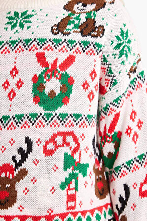 Kız Çocuk Yılbaşı Temalı Oversize Geniş Kalıp Bisiklet Yaka Kazak