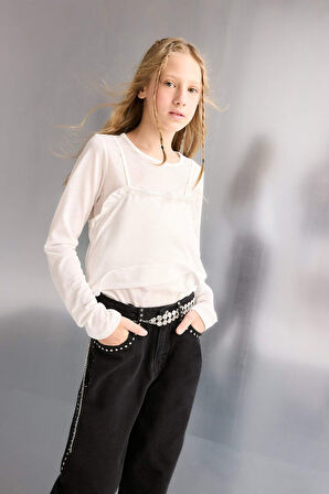 Kız Çocuk Fitted Bisiklet Yaka Uzun Kollu Tişört