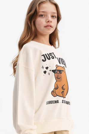 Defacto G3406A8ER105 Ekru Kız Çocuk Relax Fit Bisiklet Yaka Baskılı Sweatshirt