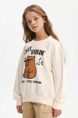 Defacto G3406A8ER105 Ekru Kız Çocuk Relax Fit Bisiklet Yaka Baskılı Sweatshirt