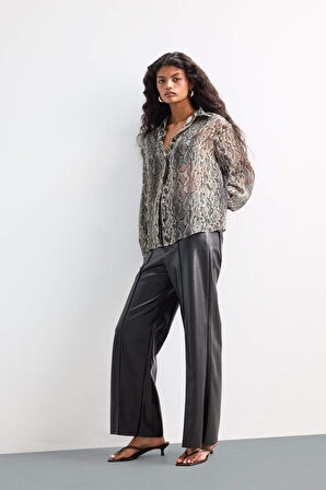 Wide Leg Fermuarlı Uzun Deri Pantolon