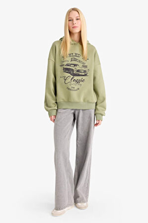 Overshirt Fit Kapüşonlu Baskılı Sweatshirt