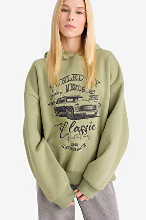 Overshirt Fit Kapüşonlu Baskılı Sweatshirt