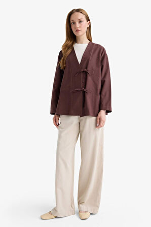 Regular Fit V Yaka Keten Karışımlı Kimono