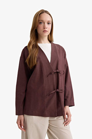 Regular Fit V Yaka Keten Karışımlı Kimono