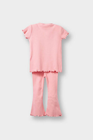 Kız Bebek 2'li Takım Çiçekli Fitilli Kaşkorse Kısa Kollu Tişört İspanyol Paça Tayt 