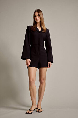 Fitted Krep Uzun Kollu Kısa Tulum