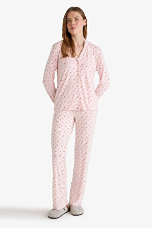 Pijama Takımı Regular Fit Desenli Uzun Kollu Üst Uzun Alt-Fall in Love 