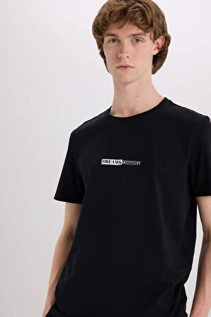 DeFacto %100 Pamuk Slim Fit Dar Kesim Bisiklet Yaka Baskılı Kısa Kollu Tişört E3776AX25SMBK81