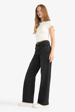 Defacto F2952AXNM40 Siyah Straight Wide Yüksek Bel Uzun Jean Pantolon
