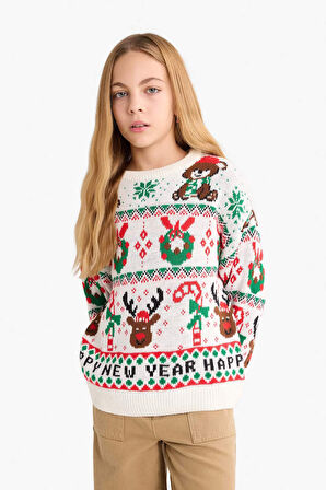 Kız Çocuk Yılbaşı Temalı Oversize Geniş Kalıp Bisiklet Yaka Kazak