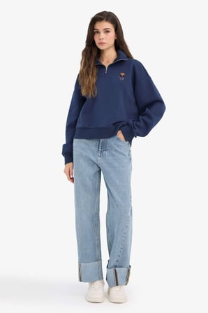 DeFacto Oversize Geniş Kalıp Yarım Fermuarlı Baskılı Kalın Sweatshirt G7217AX25CWNV1