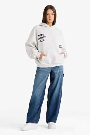 Overshirt Fit Kapüşonlu Sırt Baskılı Kalın Sweatshirt