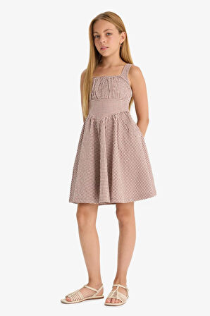 Kız Çocuk Krinkıl Viskon Kareli Askılı Elbise