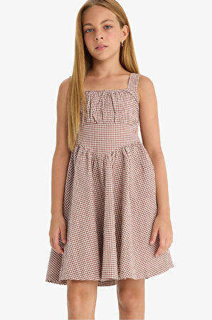 Kız Çocuk Krinkıl Viskon Kareli Askılı Elbise