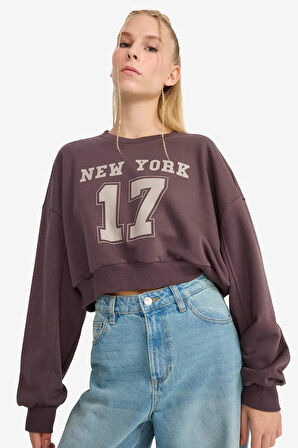 Coool Crop Bisiklet Yaka Baskılı Kalın Sweatshirt