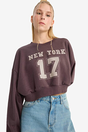 Coool Crop Bisiklet Yaka Baskılı Kalın Sweatshirt