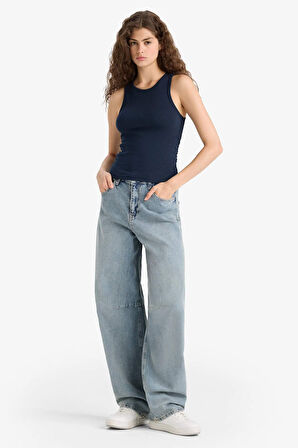 Fitted Bisiklet Yaka Basic Düz Ribana Beyaz  Atlet