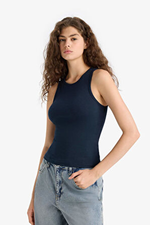 Fitted Bisiklet Yaka Basic Düz Ribana Beyaz  Atlet