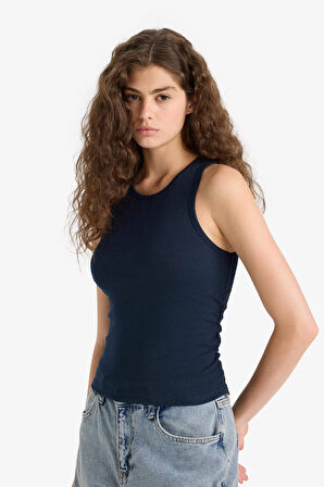 Fitted Bisiklet Yaka Basic Düz Ribana Beyaz  Atlet