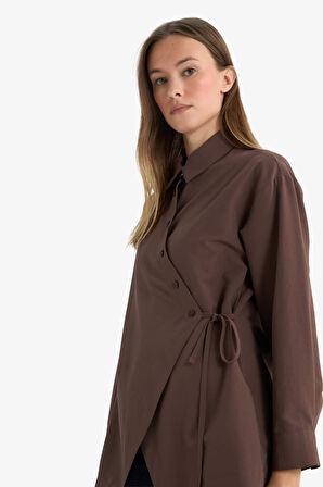 Regular Fit Gömlek Yaka Önden Bağlamalı Poplin Uzun Kollu Gömlek Tunik