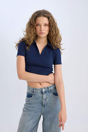 DeFacto Fitted Polo Yaka Basic Düz Fitilli Kaşkorse Kısa Kollu Tişört A0379AX25SMNV241
