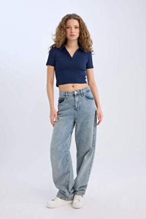 DeFacto Fitted Polo Yaka Basic Düz Fitilli Kaşkorse Kısa Kollu Tişört A0379AX25SMNV241